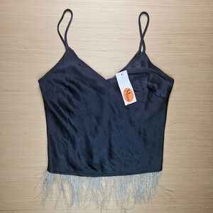 Audrey 3+1 Black Satin Feather Trim V Neck Camisole Slip Top M Boho Babydoll NEW